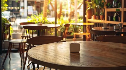 A bright and airy modern cafe interior featuring an empty round table surrounded by chairs. Sunlight floods the space, creating a warm and inviting atmosphere perfect for relaxation. - Powered by Adobe