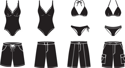 Swimwear and shorts outline illustration on white background
