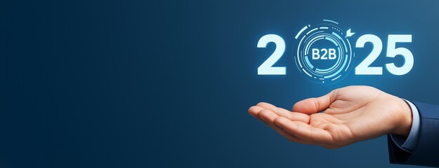 Businessman's hand presenting futuristic B2B 2025 concept with glowing digital interface on clean blue background for creative business promotion template.