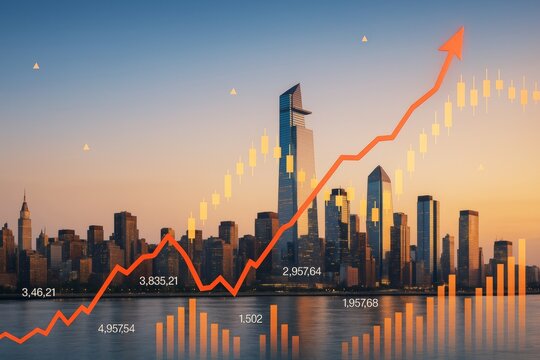 Business growth chart with rising arrow and candlestick data over city skyline during sunset, symbolizing financial success and upward trends.