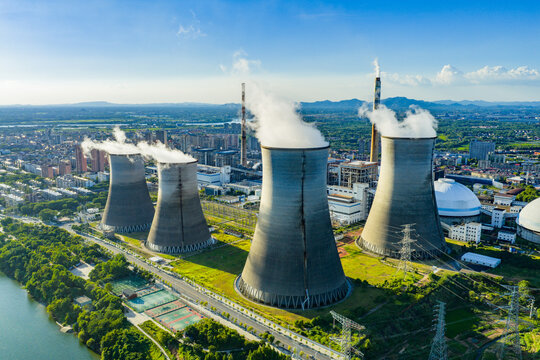 Thermal power plant under blue sky and white clouds
