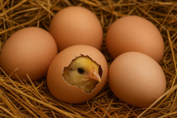 several chicken eggs in the straw, one of the eggs has hatched into a chick