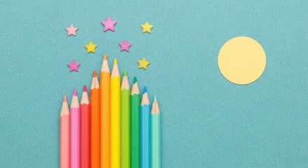 A collection of colorful pencils arranged in a rainbow gradient with stars and a yellow circle on a blue background