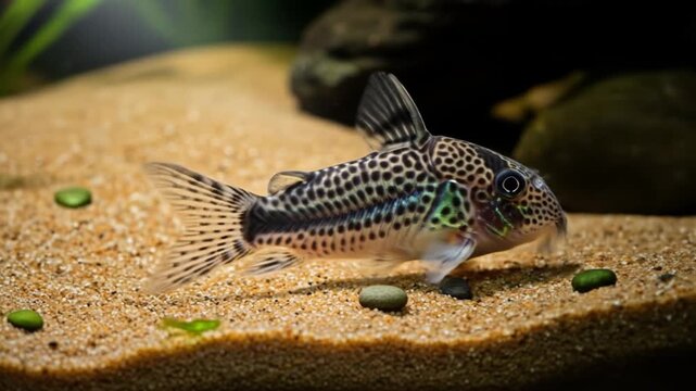 Close-up Glimpse of Corydoras Catfish Exploring a Sandy Aquarium Environment, Underwater Life,