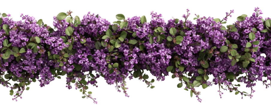 Purple blossoms in a horizontal garland.  Dense clusters of vibrant violet flowers, with small, green leaves, arranged in a continuous horizontal border