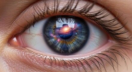 Naklejka premium Human eye close up with Earth reflection inside 