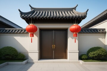 Traditional Asian architectural entrance with red lanterns and wooden doors under clear sky, symbolizing cultural heritage and elegance. Ai generative