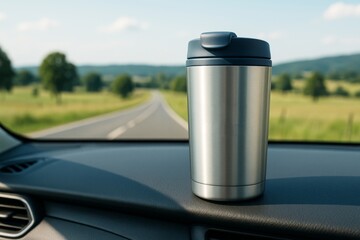 Obraz premium Stainless steel travel mug on car dashboard with scenic countryside road and green landscape in background, promoting outdoor lifestyle concept. Ai generative