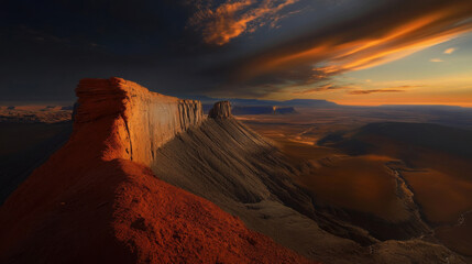 Dramatic canyon landscape illuminated by warm side sunlight, casting long shadows and highlighting rugged cliffs and expansive desert terrain under vibrant, cloud streaked sky