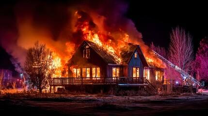 Firefighters battling a fierce blaze on the roof of a burning residential house at night, intense flames and thick smoke rising into the dark sky, emergency ladder extended  