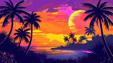 Pixel art sunset with palm trees and moon view