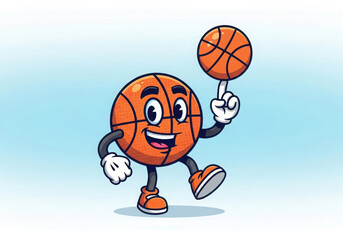 Happy cartoon basketball character spinning a basketball on finger