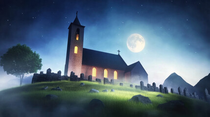 Naklejka premium Serene church with glowing windows stands on grassy hill surrounded by stone fence, under starry night sky illuminated by full moon and drifting fog