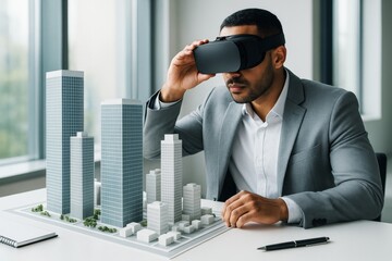 Businessman using virtual reality headset to visualize skyscraper models in office environment for finance and real estate planning concept. Ai generative