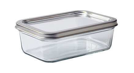 Rectangular glass food storage container with a metal lid.  Clear glass body, rectangular shape, and a hinged, light-gray metal lid.  Simple, practical design