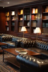 A classic lounge with leather couches and tall bookshelves Employees enjoying a quiet break with books The mood feels calm and inviting, Generative AI
