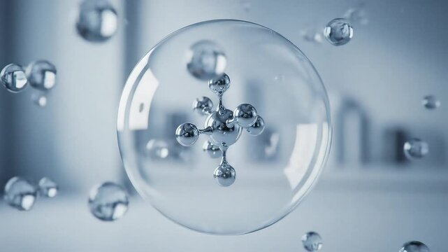 Dynamic molecular structure inside protective bubble for science research, representing innovation, technology, and scientific advancement visuals