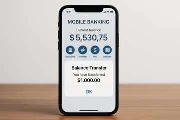Smartphone showing mobile banking balance transfer confirmation screen on light background with abstract concept of online finance transaction. Ai generative