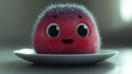 Small, furry pink blob creature, cute on a plate
