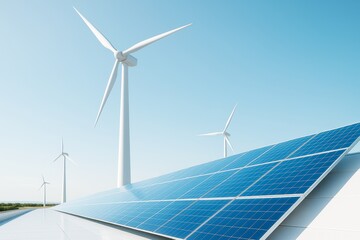 Wind turbines and solar panels under clear blue sky on a sunny day, clean energy concept with futuristic light background environment in focus.