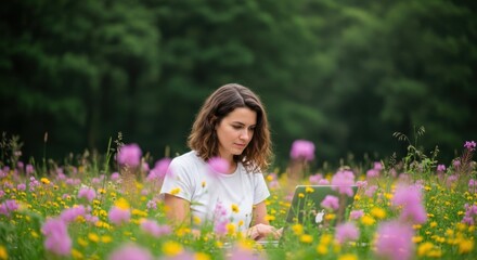 Young woman working on a laptop in a beautiful meadow filled with blooming flowers on a sunny day