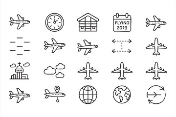Set of Airline Travel and Flight Icons Featuring Airplanes and Airports © MD.sahadat