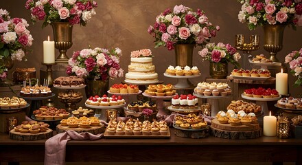 Fototapeta premium Dessert display with cakes and pastries