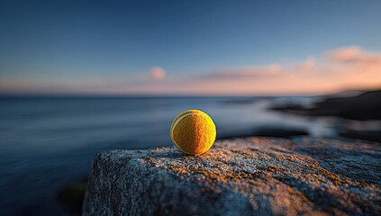 Tennis ball sunset ocean rock coastal leisure