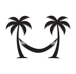 Black and white tropical scene depicting relaxing hammock between two palm trees