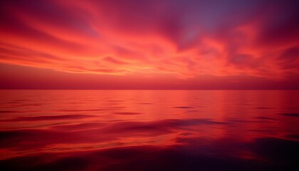 Vibrant crimson sky illuminates the calm ocean surface at twilight with dramatic reflections below.