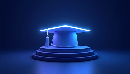Minimal 3D render of graduation cap with glowing edges, placed on geometric pedestal, futuristic academic achievement theme, clean studio lighting, no text