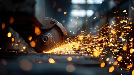 A close-up of a grinding wheel in motion, creating sparks in a dimly lit industrial environment, showcasing the process of metalworking.