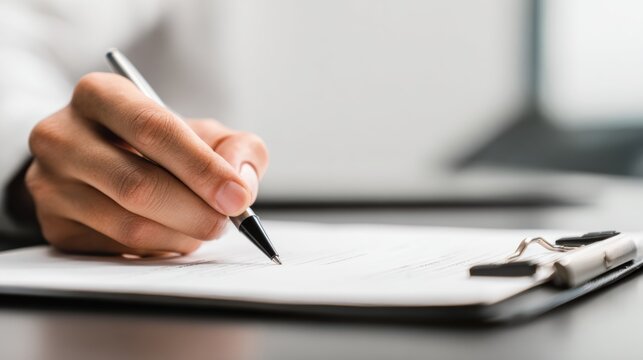 A close-up of a hand holding a pen, poised to write on a sheet of paper in a professional setting.