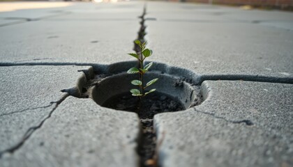 Fototapeta premium small tree sapling emerging from a narrow crack in a weathered concrete sidewalk, symbol of resilience and urban nature