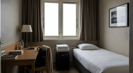 Minimalist and Functional Single Hotel Room with Desk and Bed