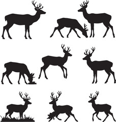Multiple deer silhouettes in various poses stag black