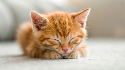 Fototapeta premium Close-up of ginger kitten napping — tiny paws tucked under chin