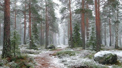 Snowy pine forest path