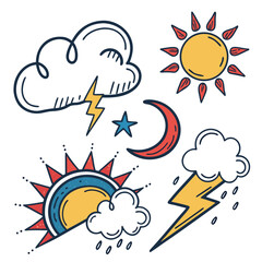 Cartoon weather icons sun moon star lightning rain