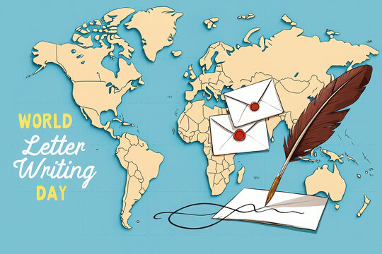 World letter writing day concept with envelopes and quill pen on map