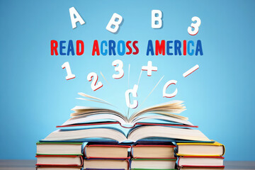 Open books and floating letters create read across america theme