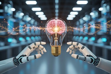 Robot Hands and Human Hand Interacting with a Brain Lightbulb in a Server Room interaction