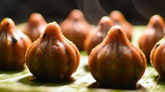 Traditional Modak Sweets on Banana Leaf, Festive Ganesh Chaturthi Food Offering
