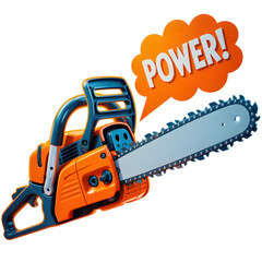 Fototapeta premium An orange and blue modern cartoon chainsaw illustration showcasing powerful woodcutting tools for forestry and construction work