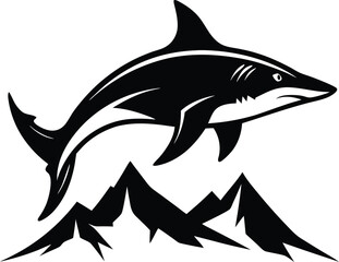 Fototapeta premium Black silhouette of a shark jumping over mountains on a white background vector illustration