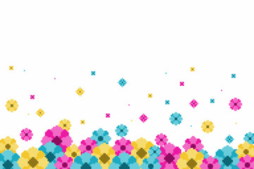 Falling Neon Flowers Frame on White Backdrop, Pixel Art Style