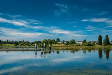 A team enjoying a midday walk around a serene lake Water reflects the blue sky The mood feels calming and refreshing, Generative AI