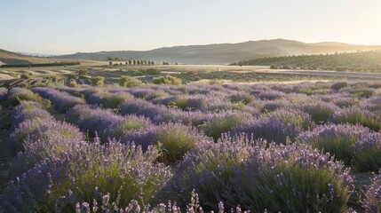 Obraz premium Lavender field with mountain in the background at sunrise