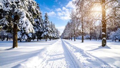 Obraz premium Scenic winter wonderland: Snow-covered path through a forest landscape on a sunny day