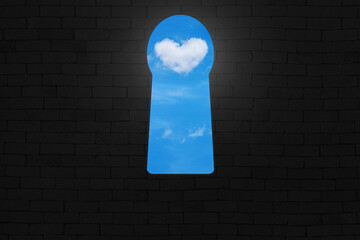 keyhole, open door to the heart shaped of clound on blue sky